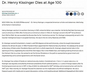 美国前国务卿亨利·基辛格去世，享年100岁